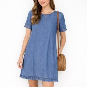 Gap Blue Chambray Shift Dress Raw Hem Short Sleeve Size S